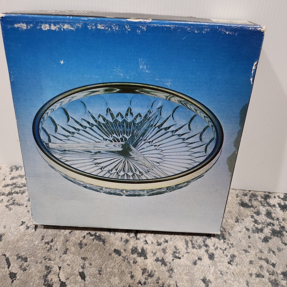 Leonard Silver Italy Crystal 3 Section Relish Dish Silverplated Rim Vintage 8130